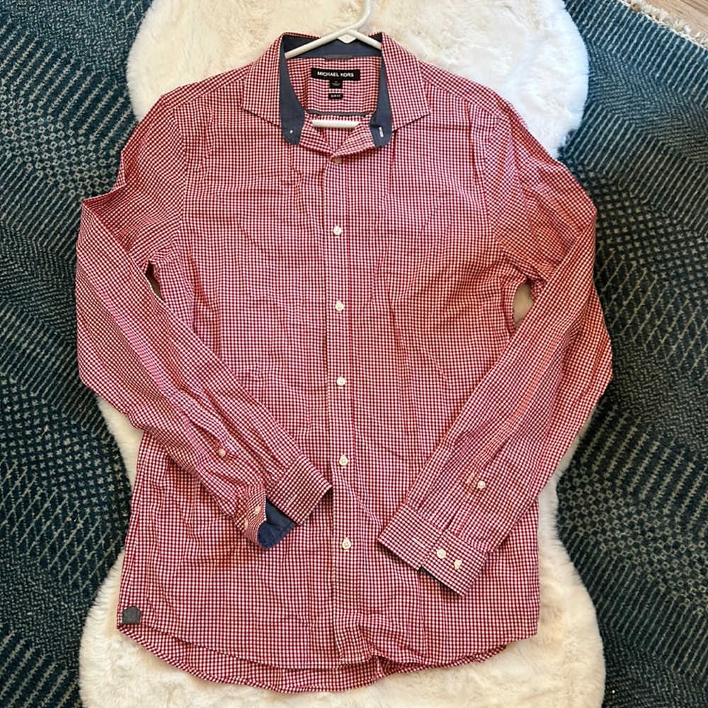 Michael Kors 100% Cotton Red Gingham/Check Men’s Medium Slim Fit Dress Shirt